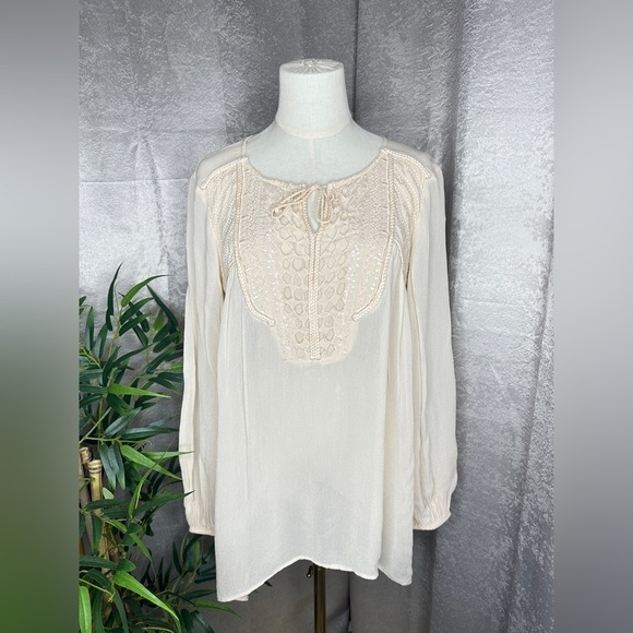 Sundance Women’s Boho Crochet Sheer Long Sleeve Blouse in Ivory Sz S - Picture 1 of 12